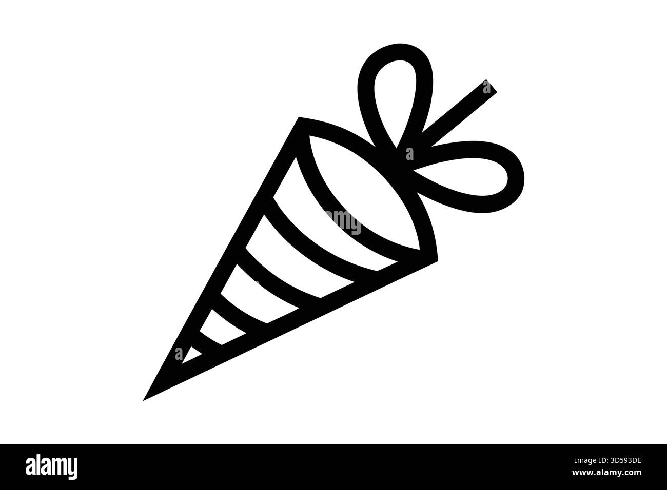 Dessin minimaliste en noir et blanc d'un cône d'école allemand traditionnel, également connu sous le nom de Schultüte, attaché avec un ruban. Illustration de Vecteur