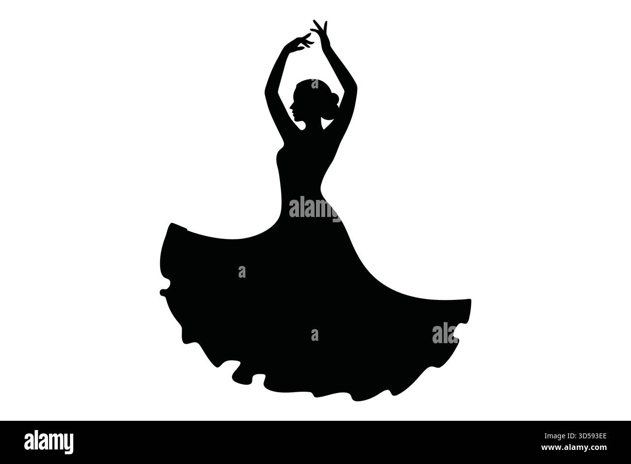Silhouette noire d'une femme dans une pose dramatique, les bras levés, portant une robe volumineuse et volante, suggérant une danse flamenco. Illustration de Vecteur