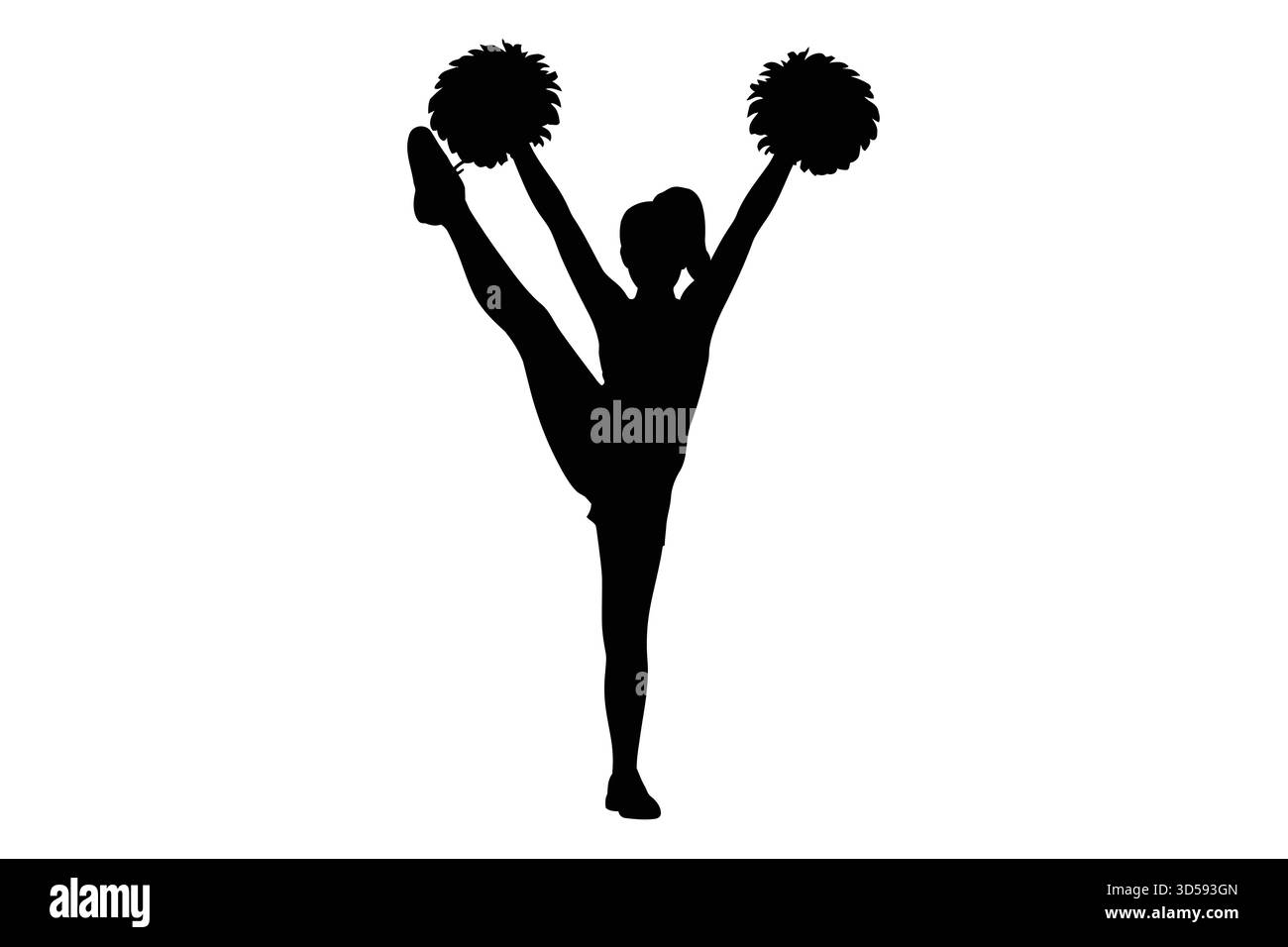 Une silhouette noire d'une pom-meneuse en plein air, exécutant une fente avec une jambe tendue vers le haut et pompons tenus haut. Illustration de Vecteur