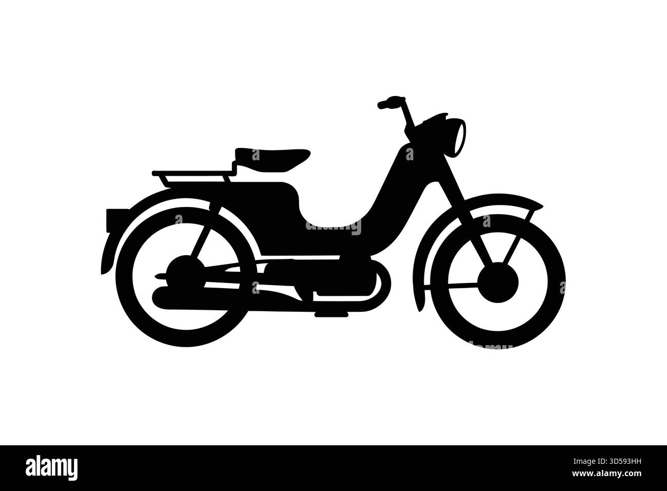 Une silhouette noire d'un cyclomoteur vintage, mettant en valeur son design emblématique avec un contour simple et épuré sur un fond blanc. Illustration de Vecteur