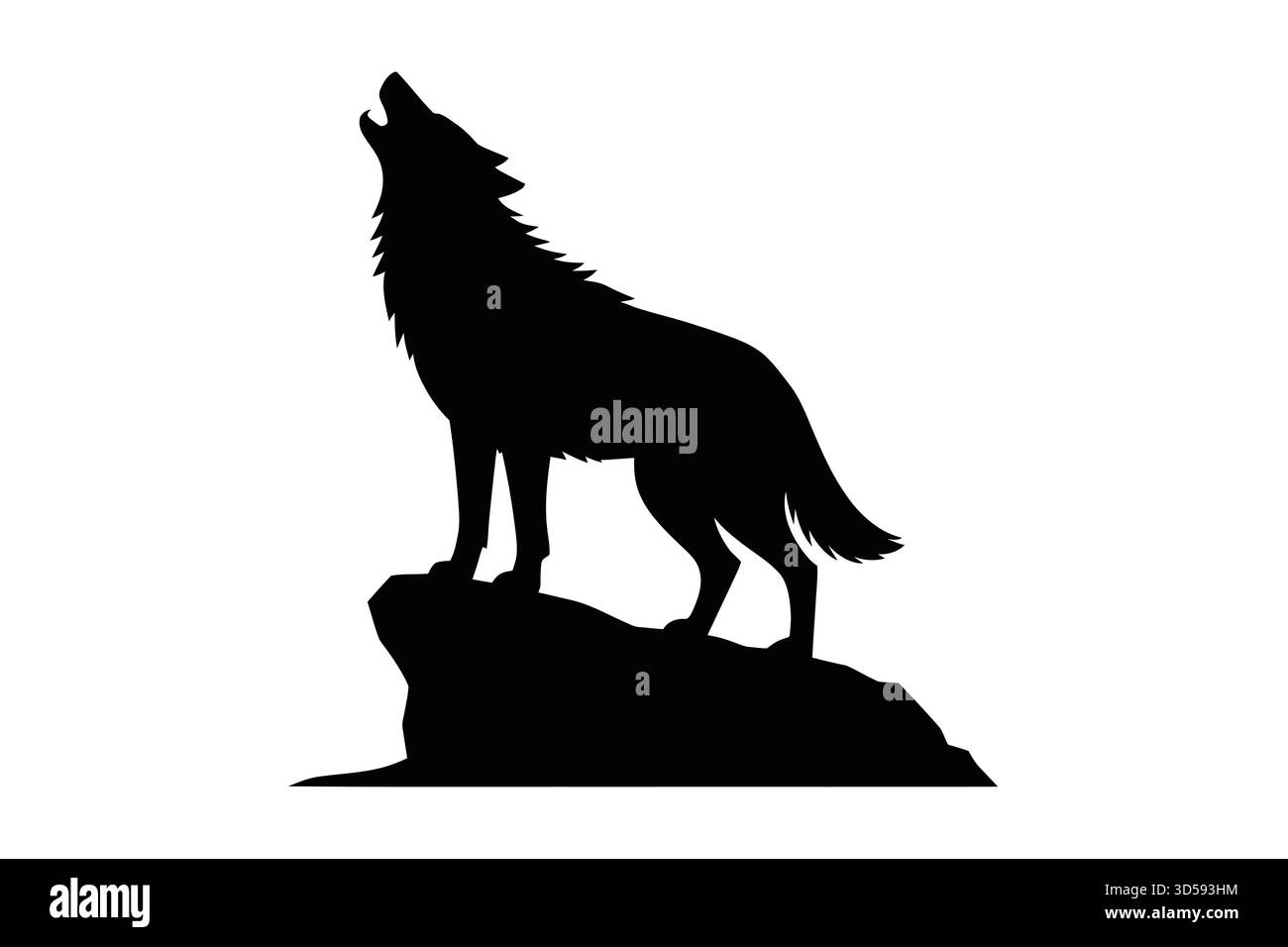 La silhouette noire d'un loup se dresse sur une surface rocheuse, la tête inclinée vers l'arrière et la bouche ouverte dans un hurlement. Illustration de Vecteur