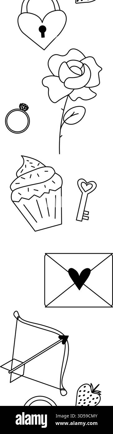 Saint-Valentin bordure verticale sans couture. Illustration en noir et blanc de la ligne graphique vectorielle. Enveloppe, rose, anneau, cupcake, bannière cerise, affiche, emballage Illustration de Vecteur