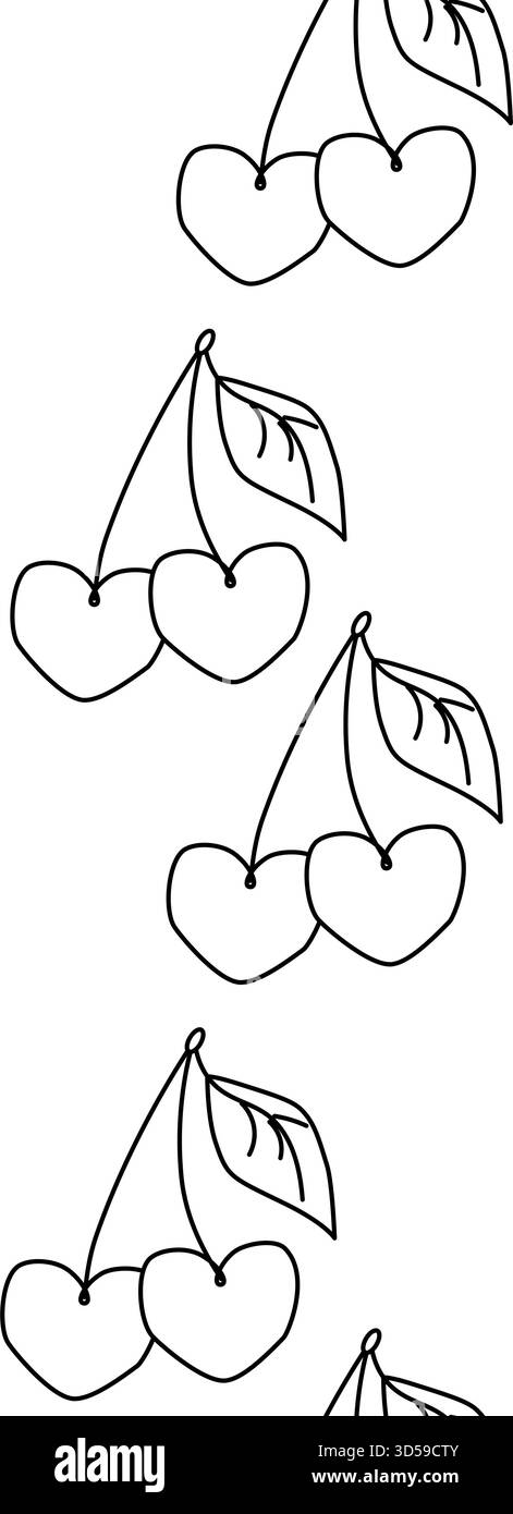 Couronne de cerises Saint-Valentin bordure sans couture verticale. Illustration en noir et blanc de la ligne graphique vectorielle. Pour affiche, flyer, bannière, invitation, socia Illustration de Vecteur