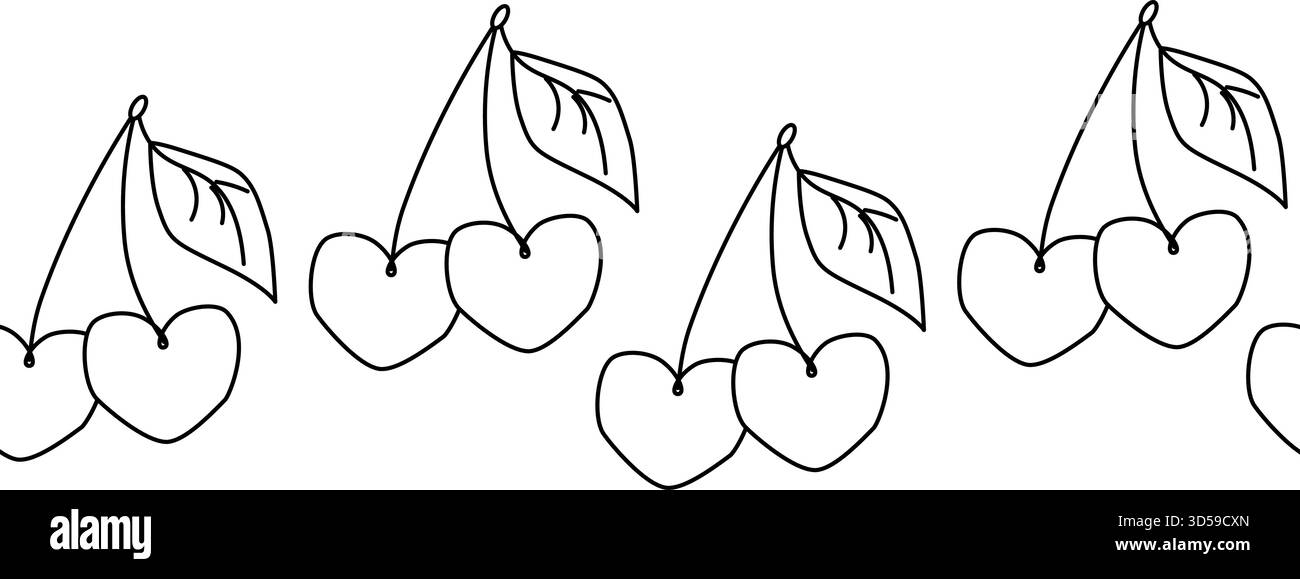 Couronne de cerises Saint-Valentin bordure horizontale sans couture. Illustration en noir et blanc de la ligne graphique vectorielle. Pour affiche, flyer, bannière, invitation, soc Illustration de Vecteur
