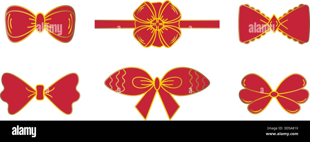 Noeuds rouges avec contour d'or, ensemble avec des signes vectoriels dans différentes variations, collection festive bowknot doodle Illustration de Vecteur
