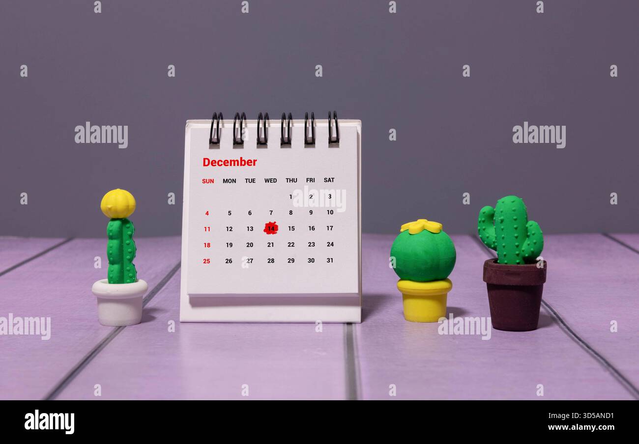 Pot de fleurs et calendrier pour la saison des neiges à partir du 14 décembre. Hiver. Banque D'Images