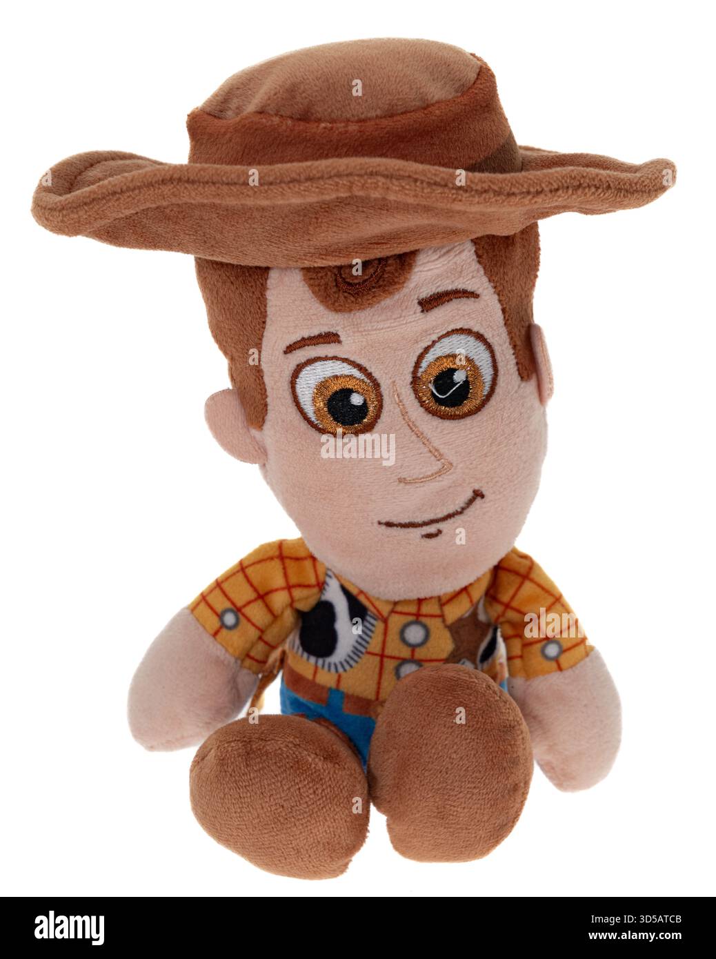 Personnage Woody soft toy du film Toy Story - fond blanc Banque D'Images