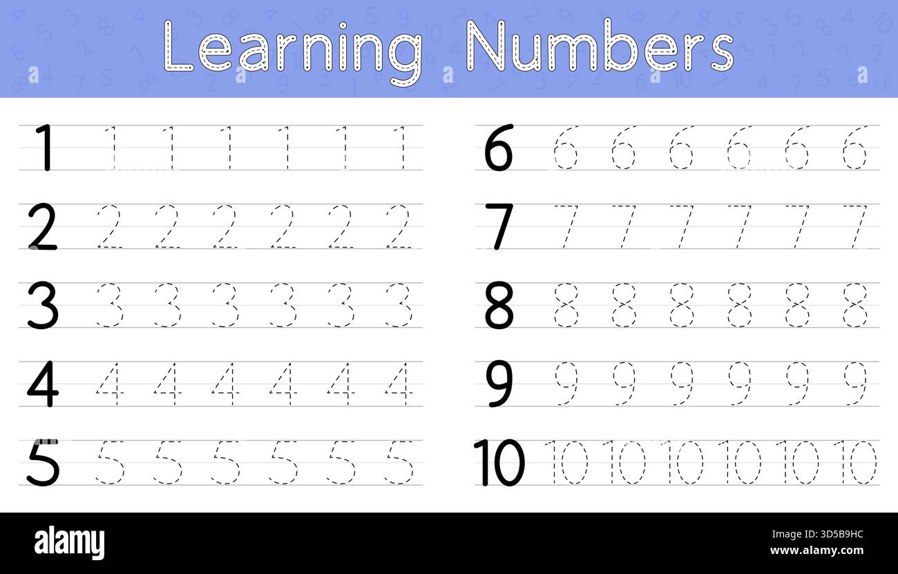 Feuille de travail des numéros de traçage 1 à 10. Pratique pédagogique imprimable pour les enfants. Illustration de Vecteur