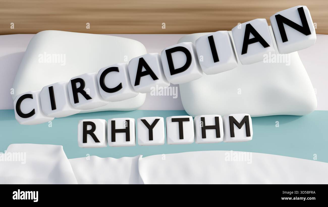 Rendu 3D du RYTHME CIRCADIEN sur des tuiles situées au-dessus d'une configuration de lit. Banque D'Images