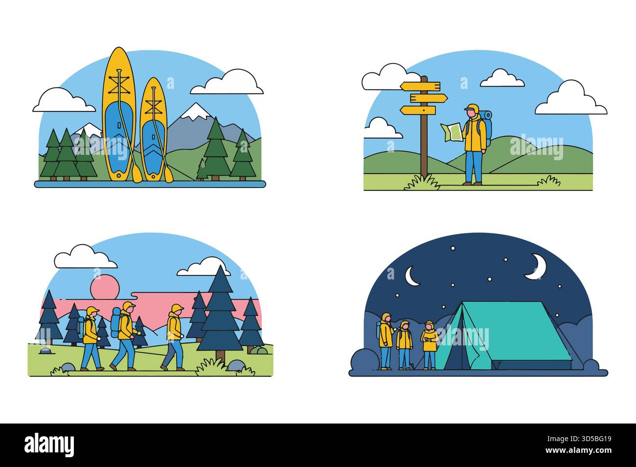 Activités d'aventure et loisirs en plein air Explorer la nature à travers l'illustration Art Illustration de Vecteur