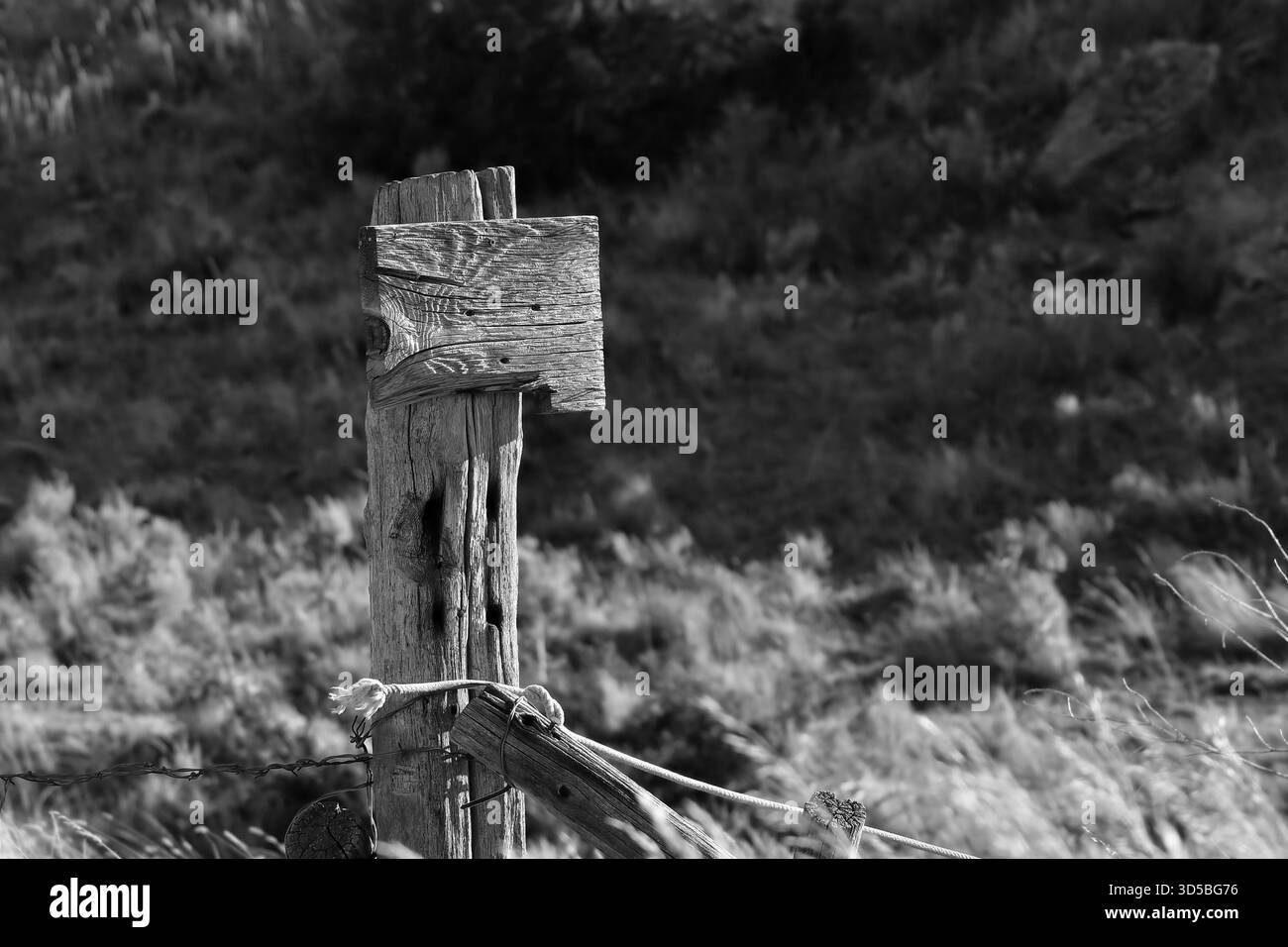 Vieux post à côté de la route rurale poussiéreuse sans son panneau attaché. Ce poste est à côté d'une route à deux voies qui se déplace sur une propriété privée, dans le Wyoming USA. Banque D'Images