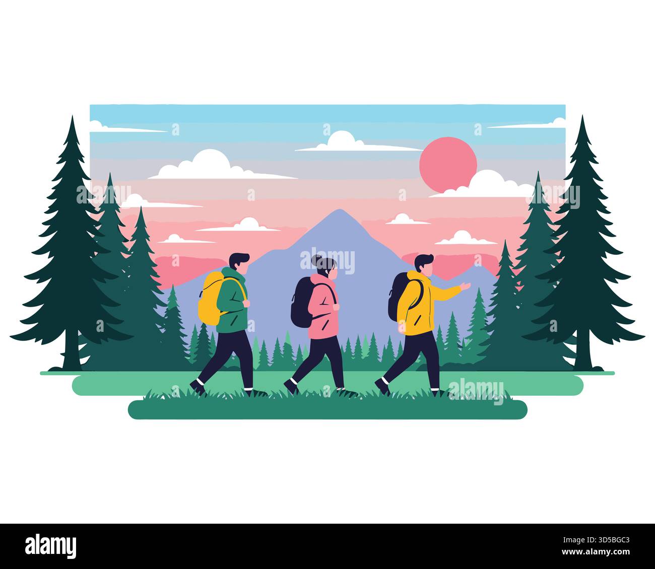 Groupe de randonneurs marchant à travers la forêt avec des montagnes en illustration de fond Illustration de Vecteur