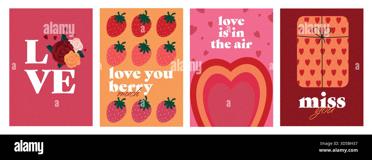 Ensemble de cartes créatives pour la Saint-Valentin. Design d'art abstrait moderne avec des coeurs, des roses, une boîte cadeau et une fraise. Modèles pour célébration, annonces, marque Illustration de Vecteur