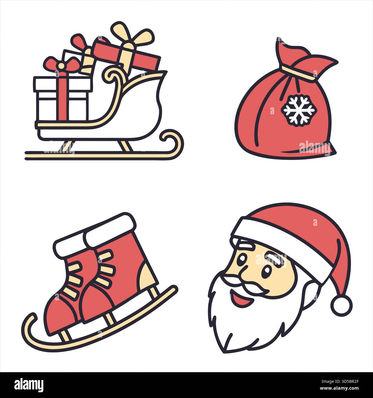 Collection Santa Claus Icon avec chapeau, traîneau, bottes, sac cadeau et visage de Claus – icônes de Noël modernes Illustration de Vecteur