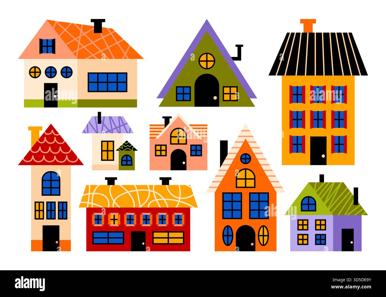 Petites maisons colorées de différentes formes, tailles, angles dans le style comique de bande dessinée. Illustration dessinée à la main de maisons, bâtiments, fenêtres, portes, toits. Banque D'Images