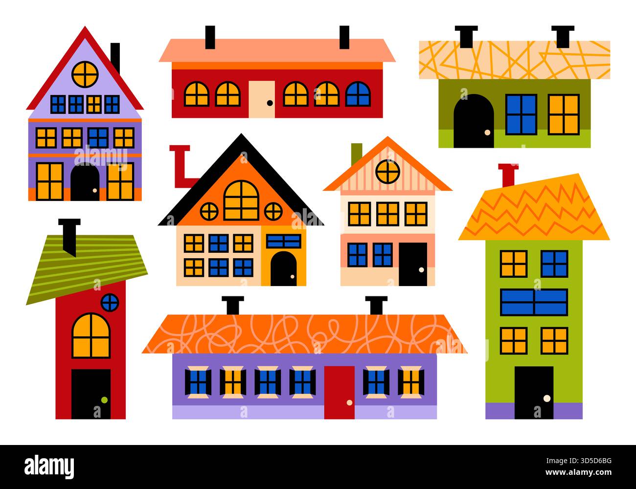 Petites maisons colorées de différentes formes, tailles, angles dans le style comique de bande dessinée. Illustration dessinée à la main de maisons, bâtiments, fenêtres, portes, toits. Banque D'Images