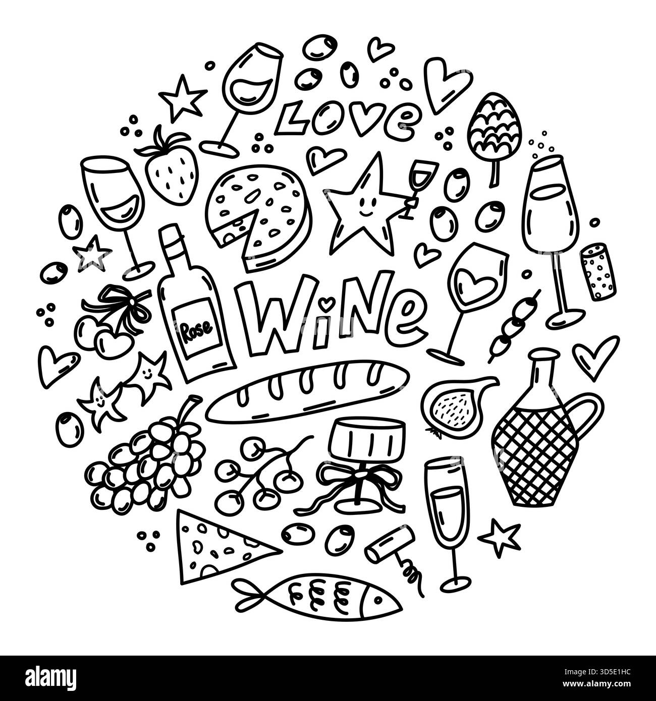 Composition de doodle noir et blanc avec verres à vin, bouteille, raisins, pain, fromage et petites icônes décoratives disposées en cercle. Illustration de Vecteur