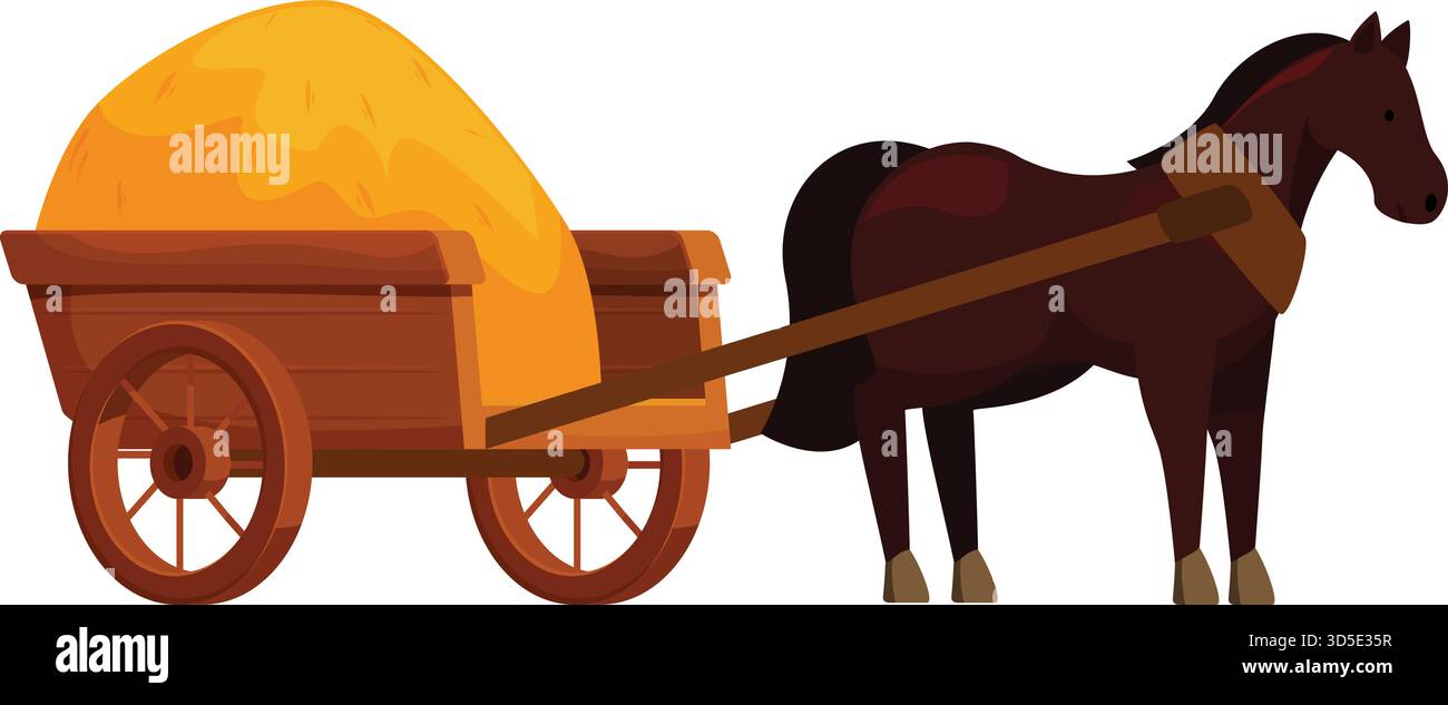 Brown Horse tire un chariot en bois chargé d'une grosse balle de foin Illustration de Vecteur