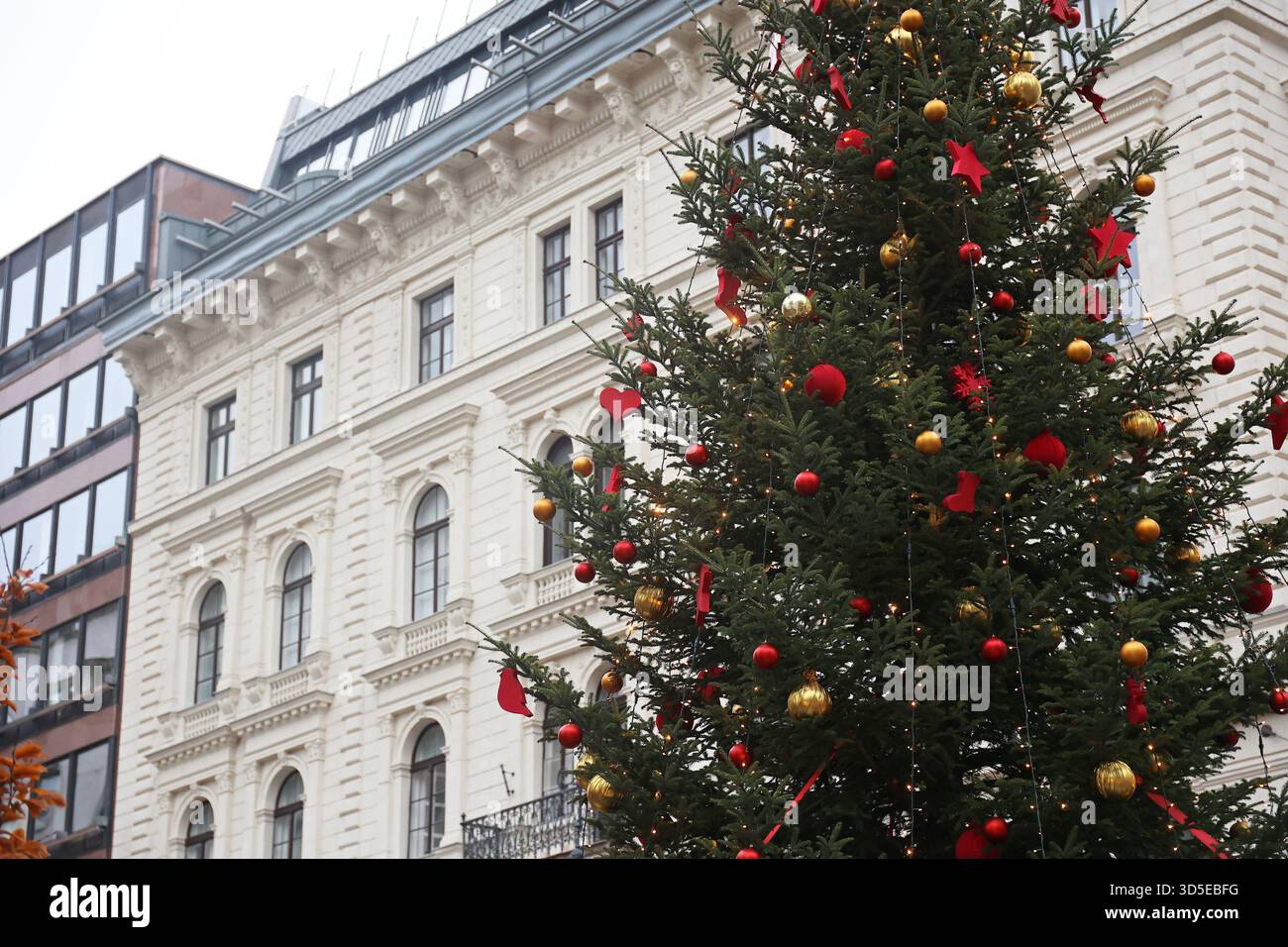 Arbre de Noël géant décoré au marché de Noël classique de Vörösmarty devant la façade historique de la place Vörösmarty à Budapest Banque D'Images
