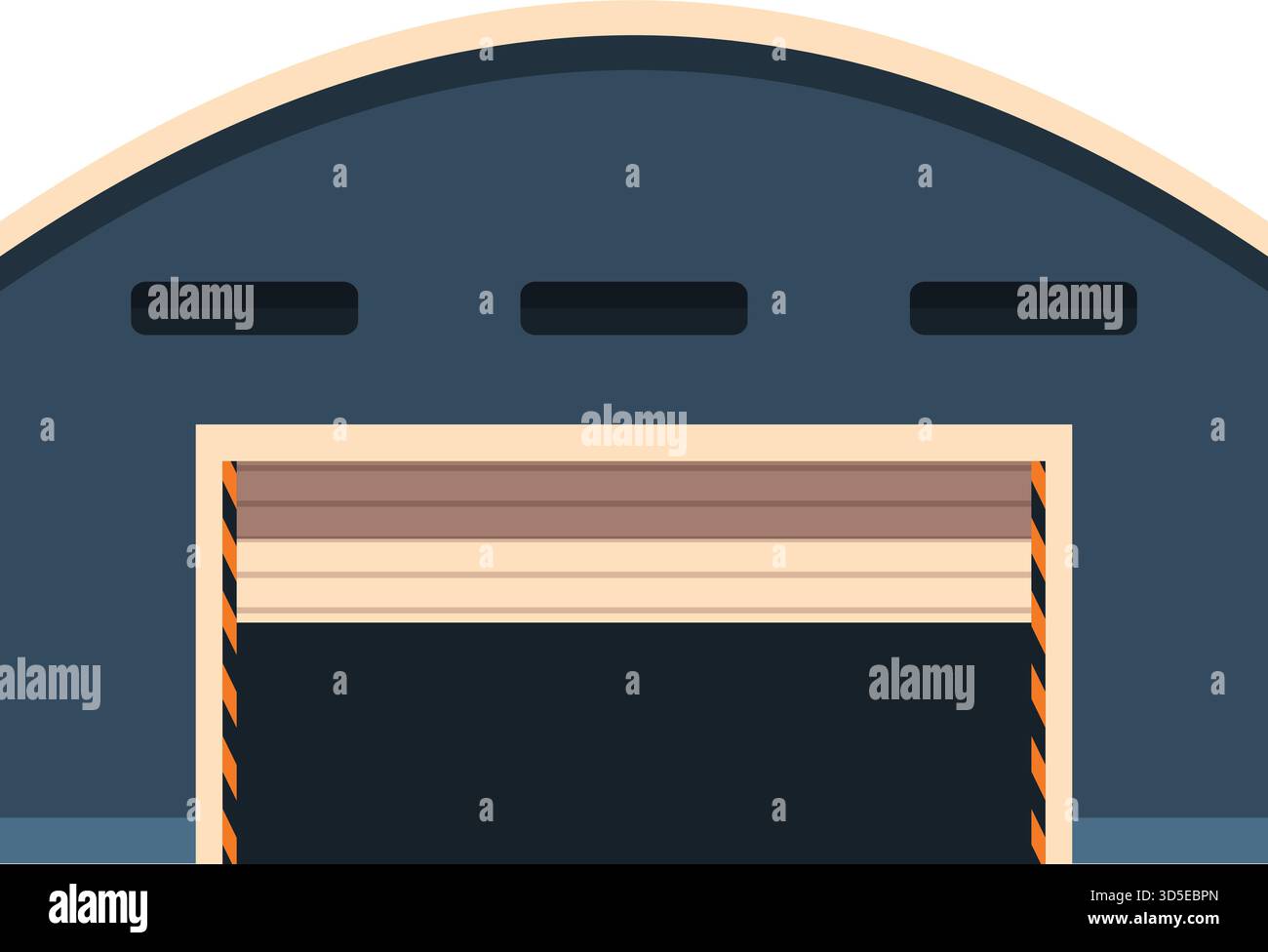 Grand bâtiment industriel avec une porte à volet roulant fermée et des marquages d'avertissement au sol Illustration de Vecteur