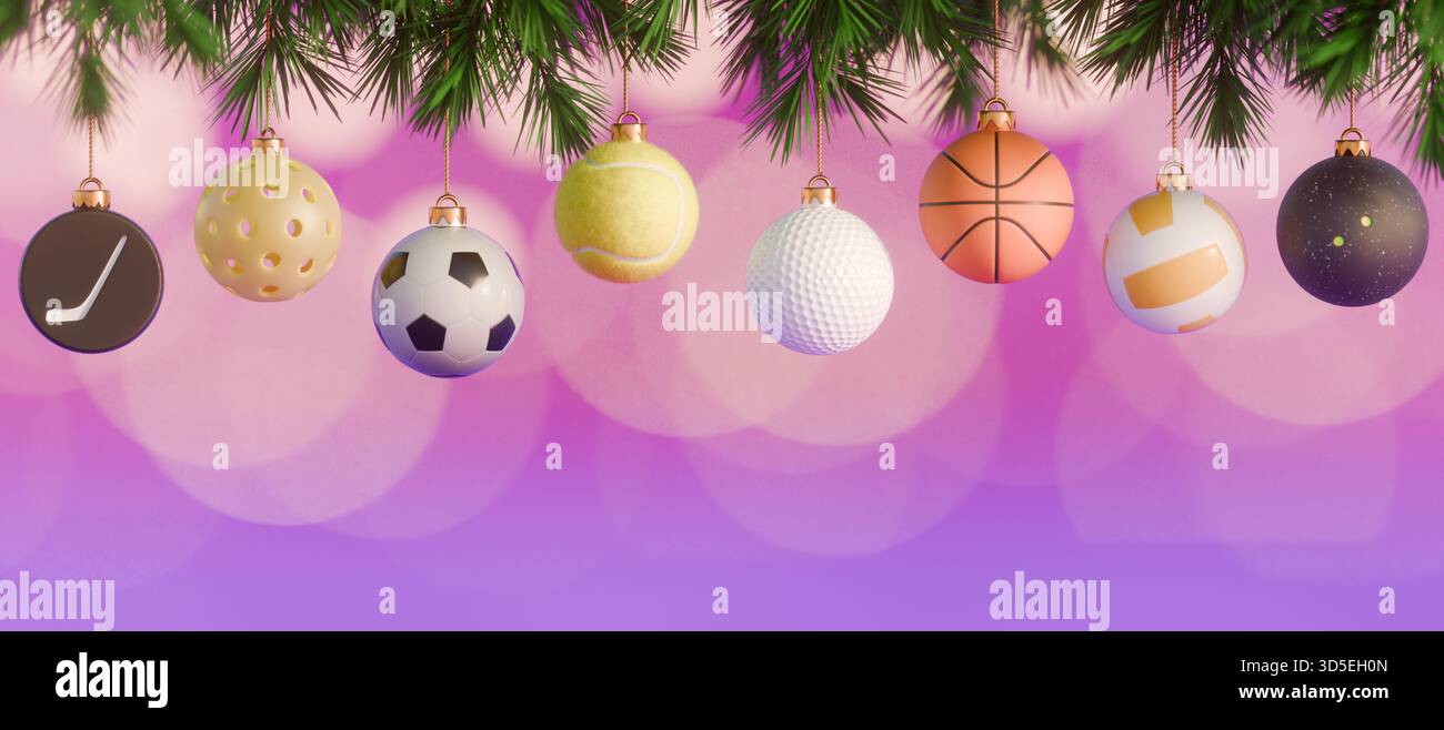 Des ornements de Noël conçus comme des ballons de sport pendent de branches de pin avec un fond violet. rendu 3d. Banque D'Images