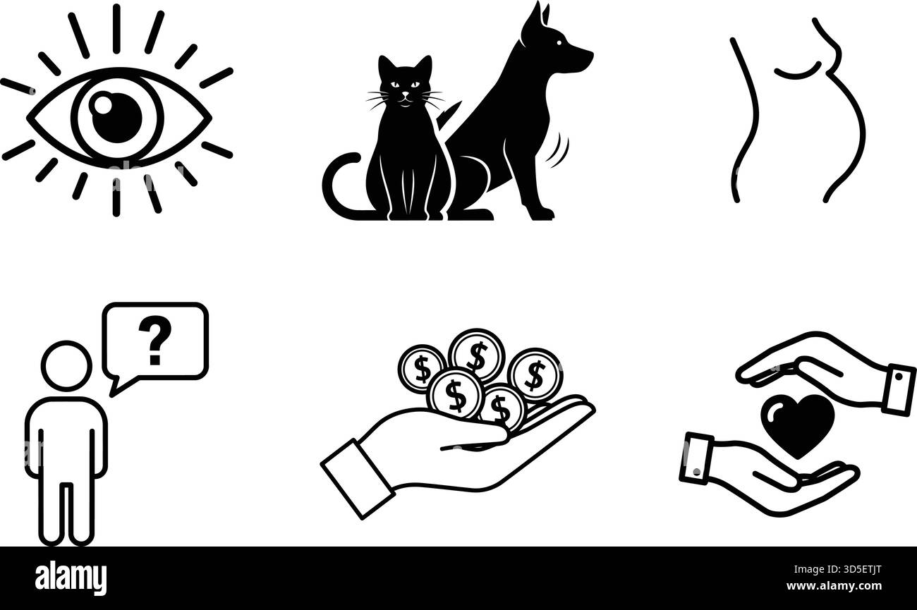 Vision, animaux de compagnie, grossesse, finance, soins, icônes de question définies isolé sur fond blanc, vecteur Illustration de Vecteur
