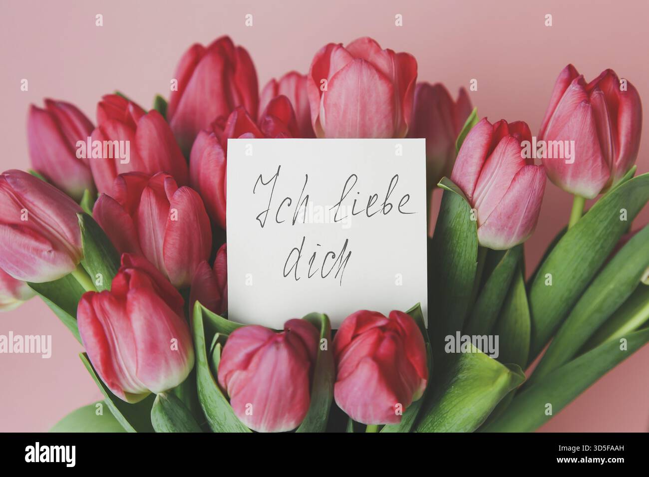 Carte blanche pour un bouquet avec l'inscription je t'aime en allemand dans un beau bouquet lumineux de tulipes roses Banque D'Images