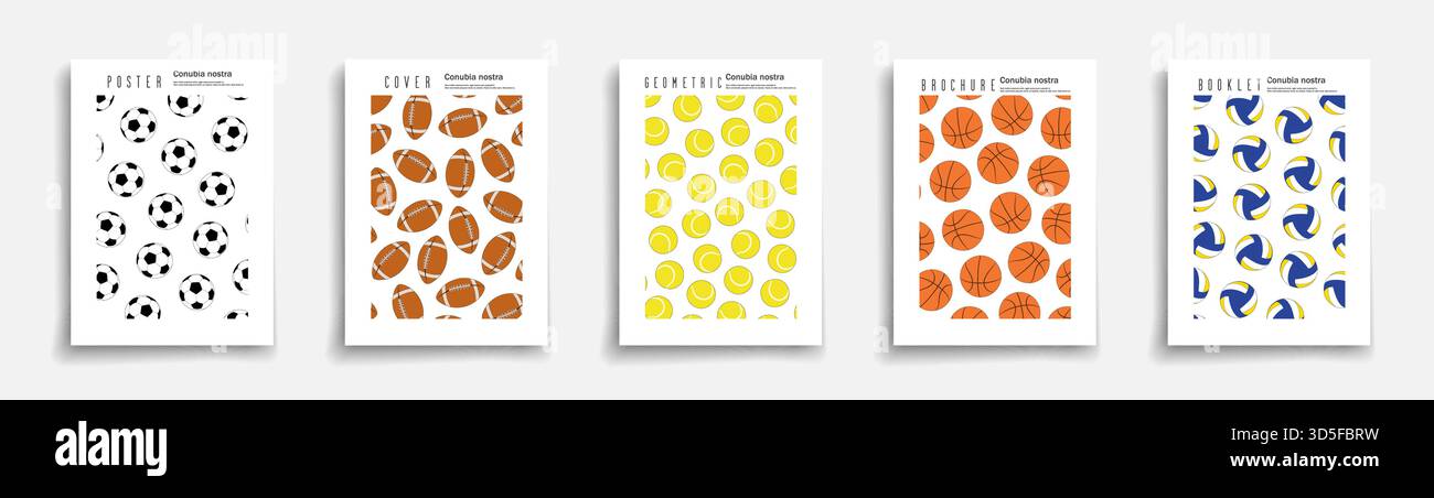 Collection d'affiches vectorielles, brochures, cartes avec des ballons de sport - basket-ball, volley-ball, tennis, football et football américain. Jeux de sport d'art Illustration de Vecteur
