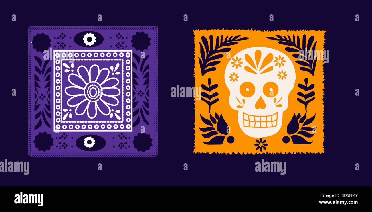 Ensemble de bordure de cadre picado de papel mexicain, conception vectorielle plate festive et colorée, festival traditionnel Illustration de Vecteur