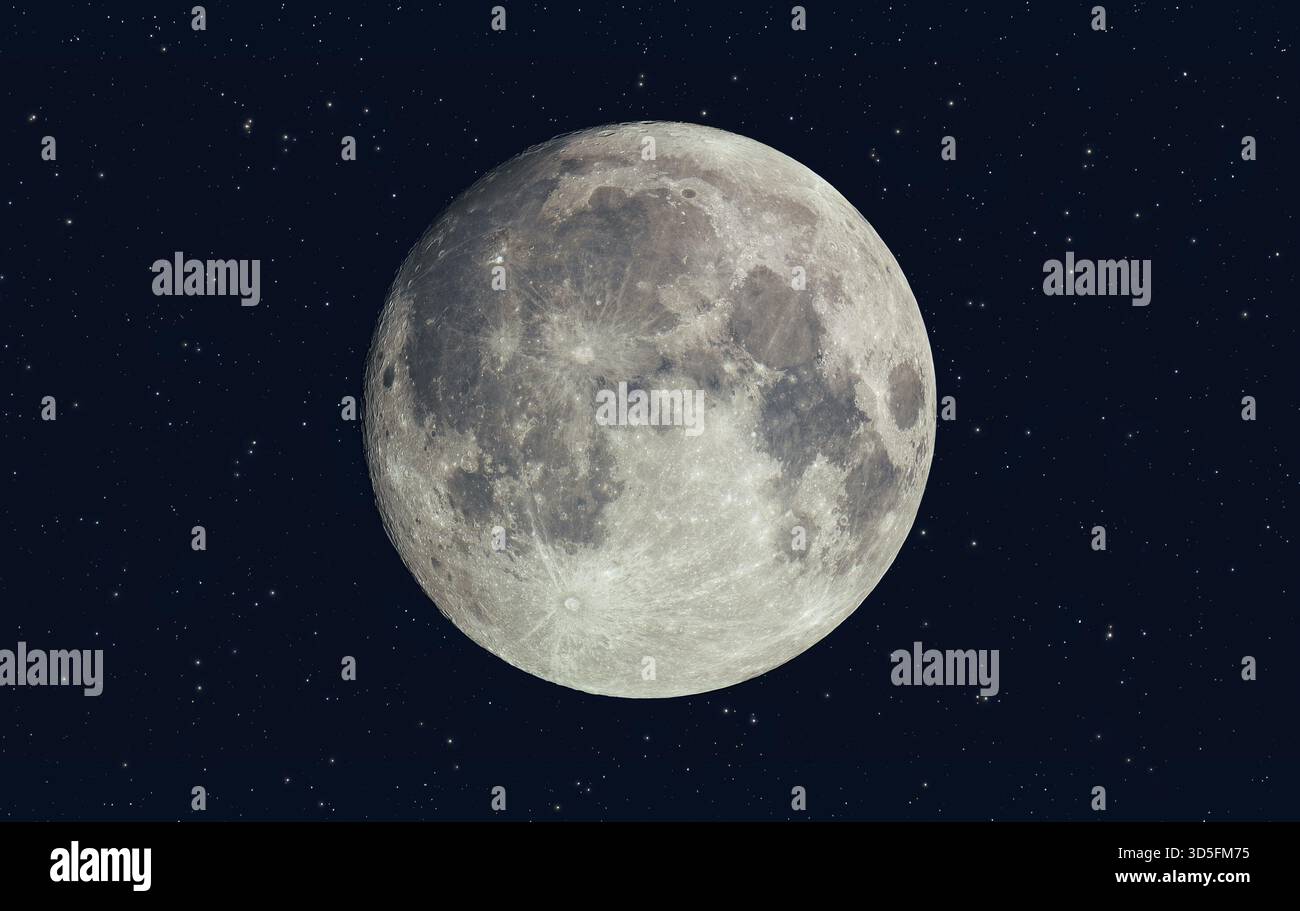 Photo nette de la pleine lune avec des étoiles dans le ciel nocturne bleu foncé Banque D'Images