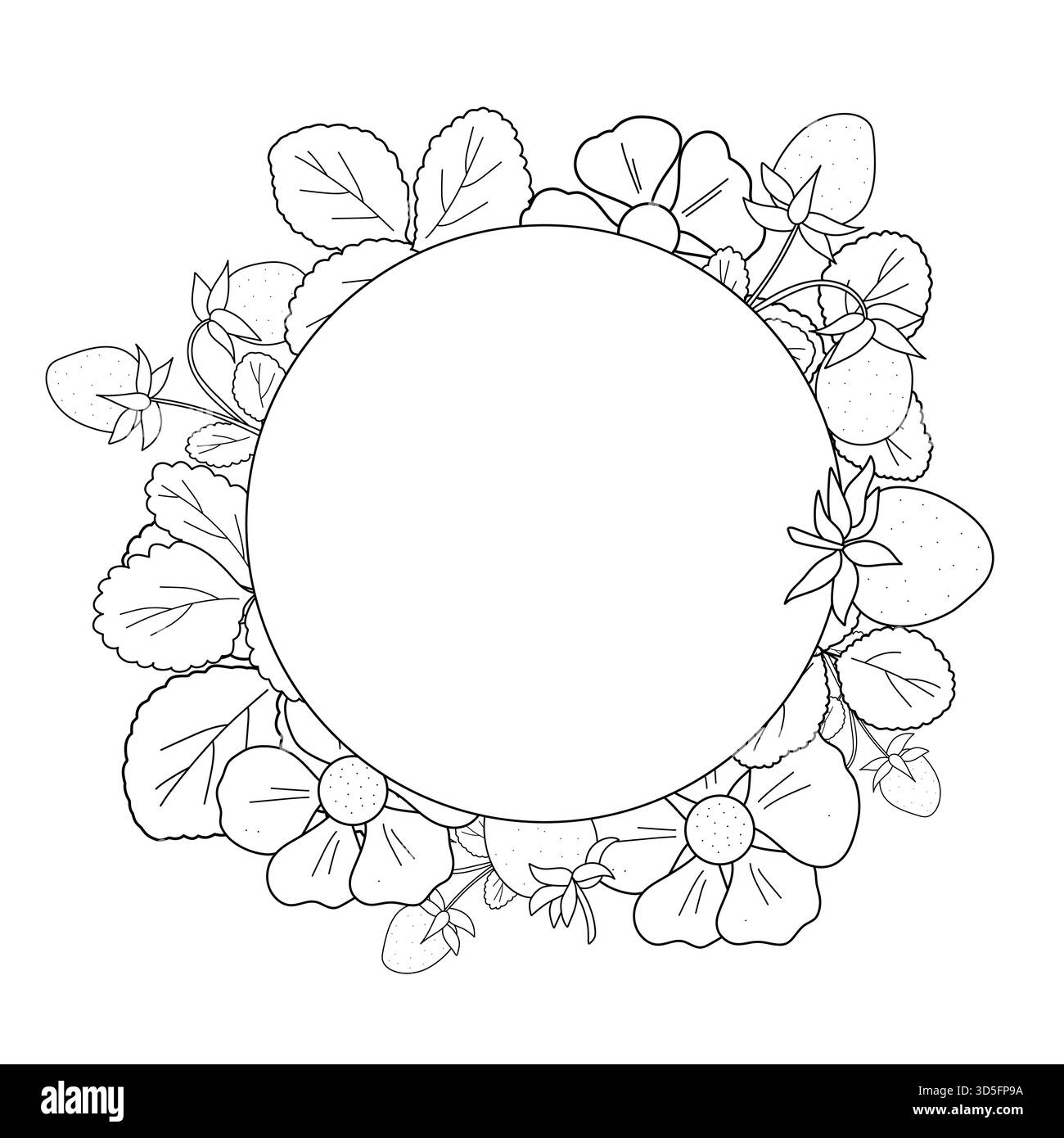 Cadre vectoriel rond avec fleurs, fraises et feuilles. Dessin au trait botanique noir et blanc avec espace pour le texte au centre. Convient pour cartes et invitations Illustration de Vecteur