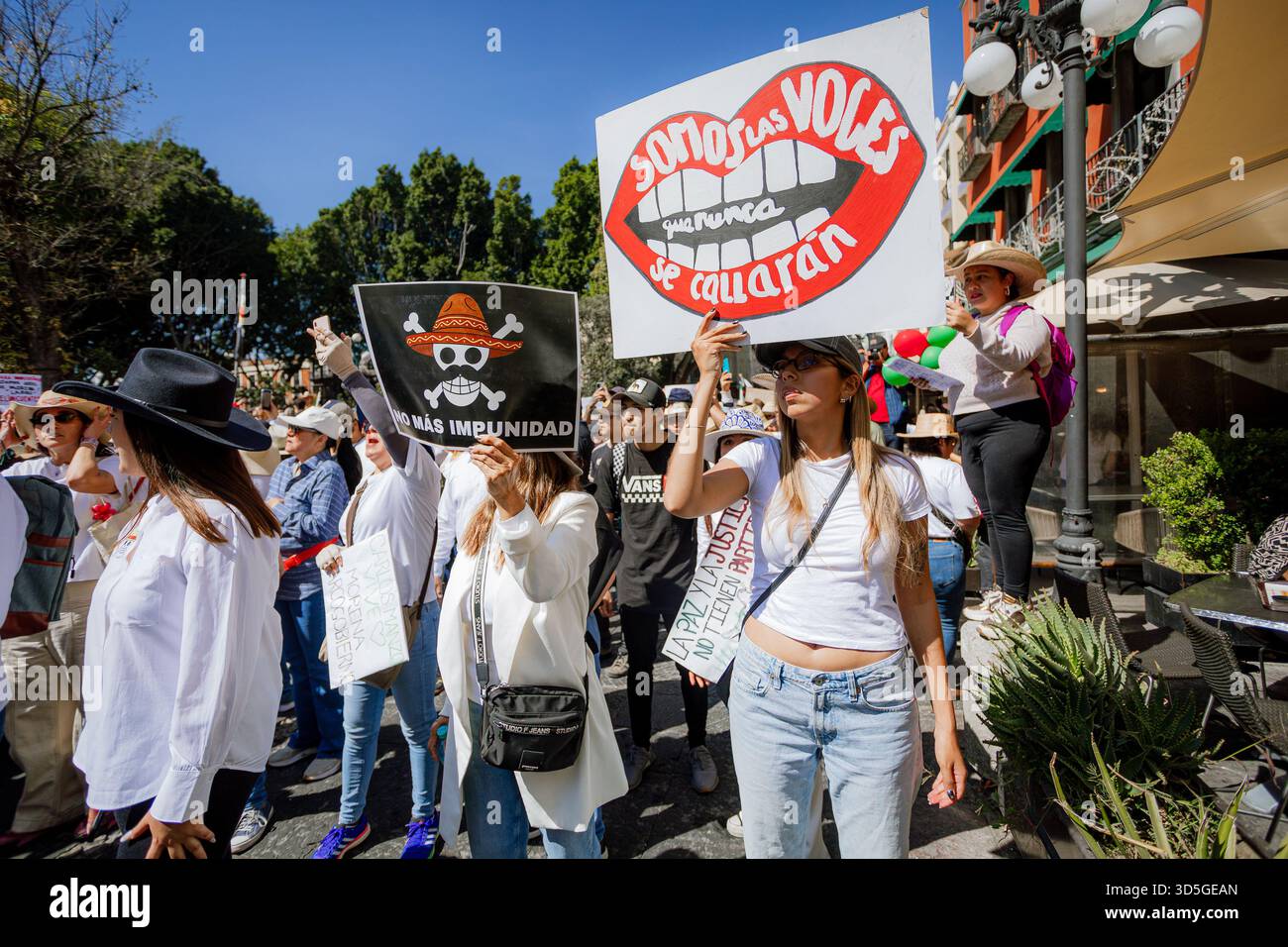 Un jeune manifestant lève la bannière « NOUS SOMMES LES VOIX QUI NE SERONT JAMAIS RÉDUITES AU SILENCE » lors de la grande marche politique à Puebla, au Mexique. Banque D'Images