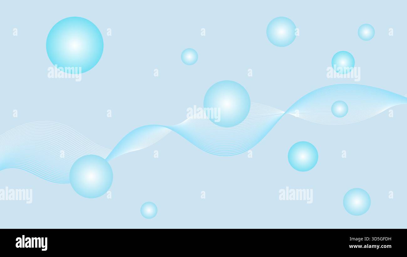 Fond abstrait minimal avec des sphères bleues brillantes et des lignes d'ondes fluides lisses sur un fond bleu clair, illustration vectorielle Illustration de Vecteur