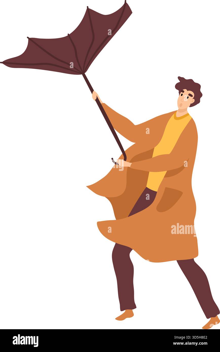 Homme luttant contre le grand parapluie jour venteux. Personnage masculin luttant contre le vent, situation difficile. Vecteur concept d'automne de défi météo venteux illu Illustration de Vecteur