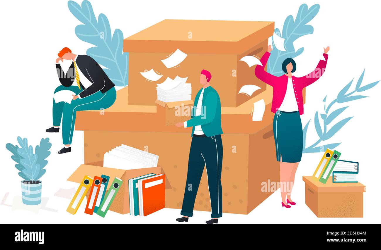 Trois employés de bureau ont écrasé la paperasse. Employés stressés gérant une charge de travail excessive. Illustration vectorielle de stress au travail de surcharge Illustration de Vecteur