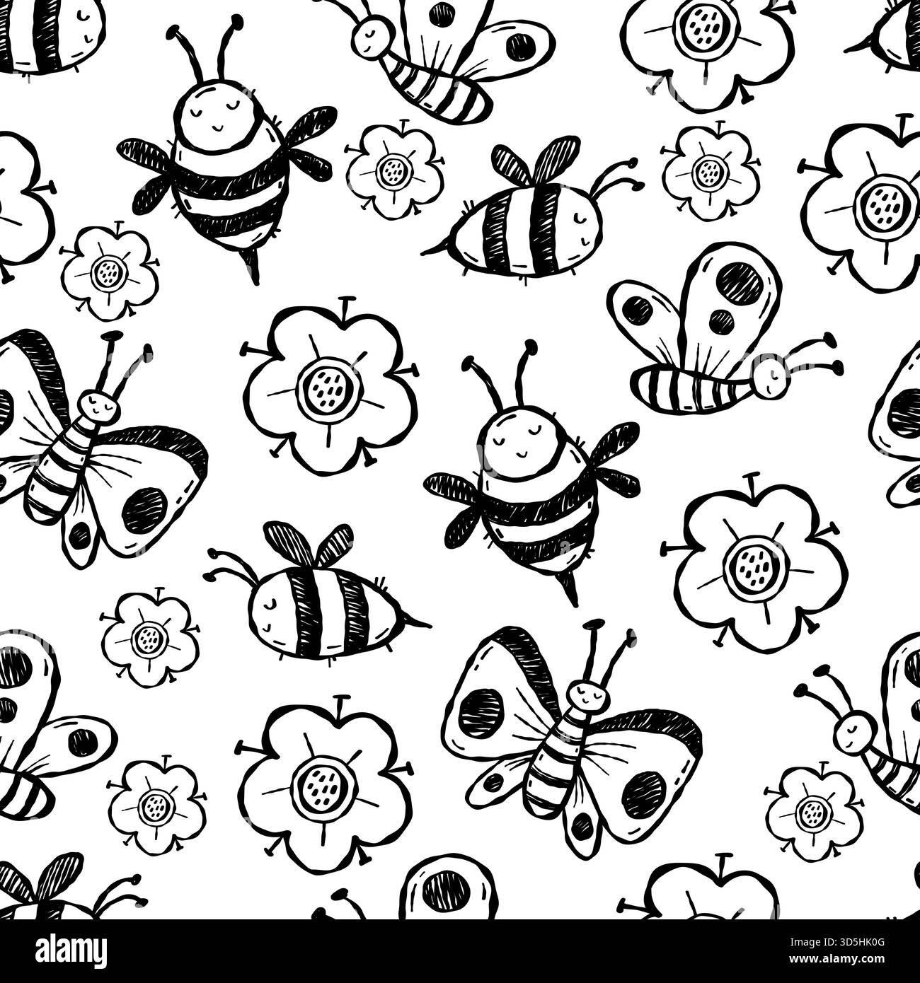 Insectes et fleurs Seamless Pattern Doodle. Abeilles et papillons mignons dessinés à la main sur fond blanc. Illustration vectorielle texturée. Collection enfants. Illustration de Vecteur