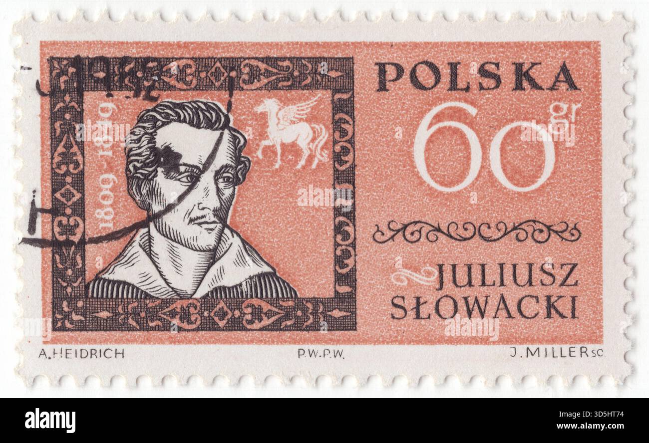 POLOGNE — 20 juin 1962 : timbre-poste marron-orange et noir de 60 grosz représentant un portrait de Juliusz Slowacki. Słowacki était un poète romantique polonais, considéré comme l'un des trois bardes de la littérature polonaise - une figure majeure de la période romantique polonaise, et le père du drame polonais moderne. Ses œuvres présentent souvent des éléments des traditions païennes slaves, de l'histoire polonaise, du mysticisme et de l'orientalisme. Son style inclut l'emploi des néologismes et de l'ironie. Son genre principal est le drame, mais il écrit aussi de la poésie lyrique Banque D'Images