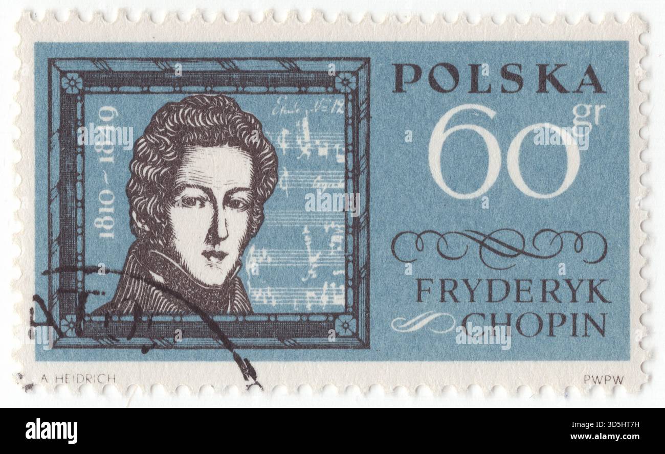 POLOGNE — 20 juin 1962 : 60 grosz timbre-poste bleu terne et noir représentant un portrait de Frédéric Chopin (né Fryderyk Franciszek Chopin). Compositeur polonais et pianiste virtuose de la période romantique, il écrit principalement pour piano solo. Il a conservé une renommée mondiale en tant que musicien de premier plan de son époque, dont le « génie poétique était basé sur une technique professionnelle sans égal dans sa génération ». Chopin est né à Żelazowa Wola dans le duché de Varsovie et a grandi à Varsovie, qui en 1815 est devenu une partie du Congrès Pologne Banque D'Images