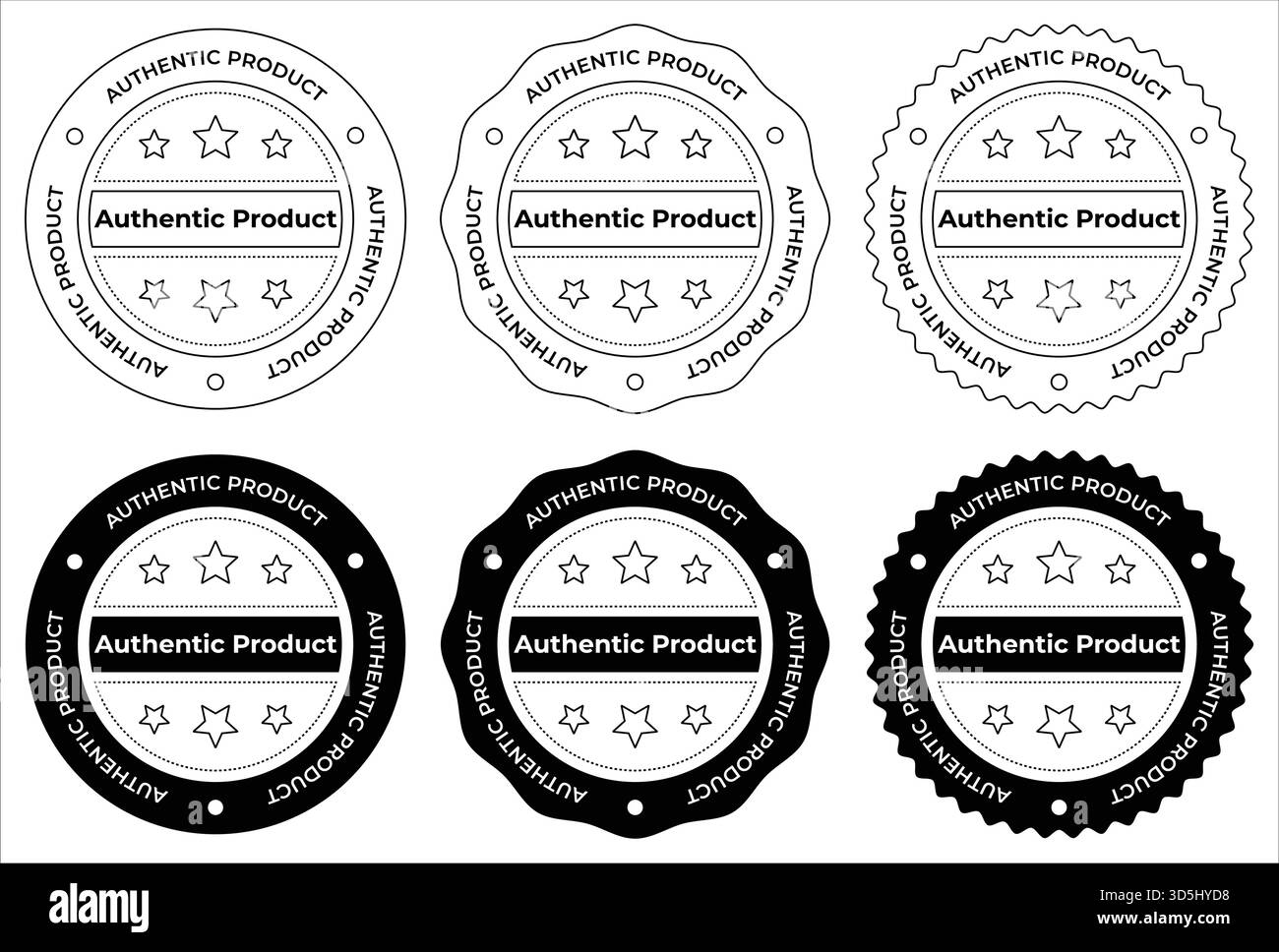 Timbres de produit authentiques set noir et blanc, badges de qualité ronde vectorielle avec étoiles pour la garantie d'emballage Illustration de Vecteur