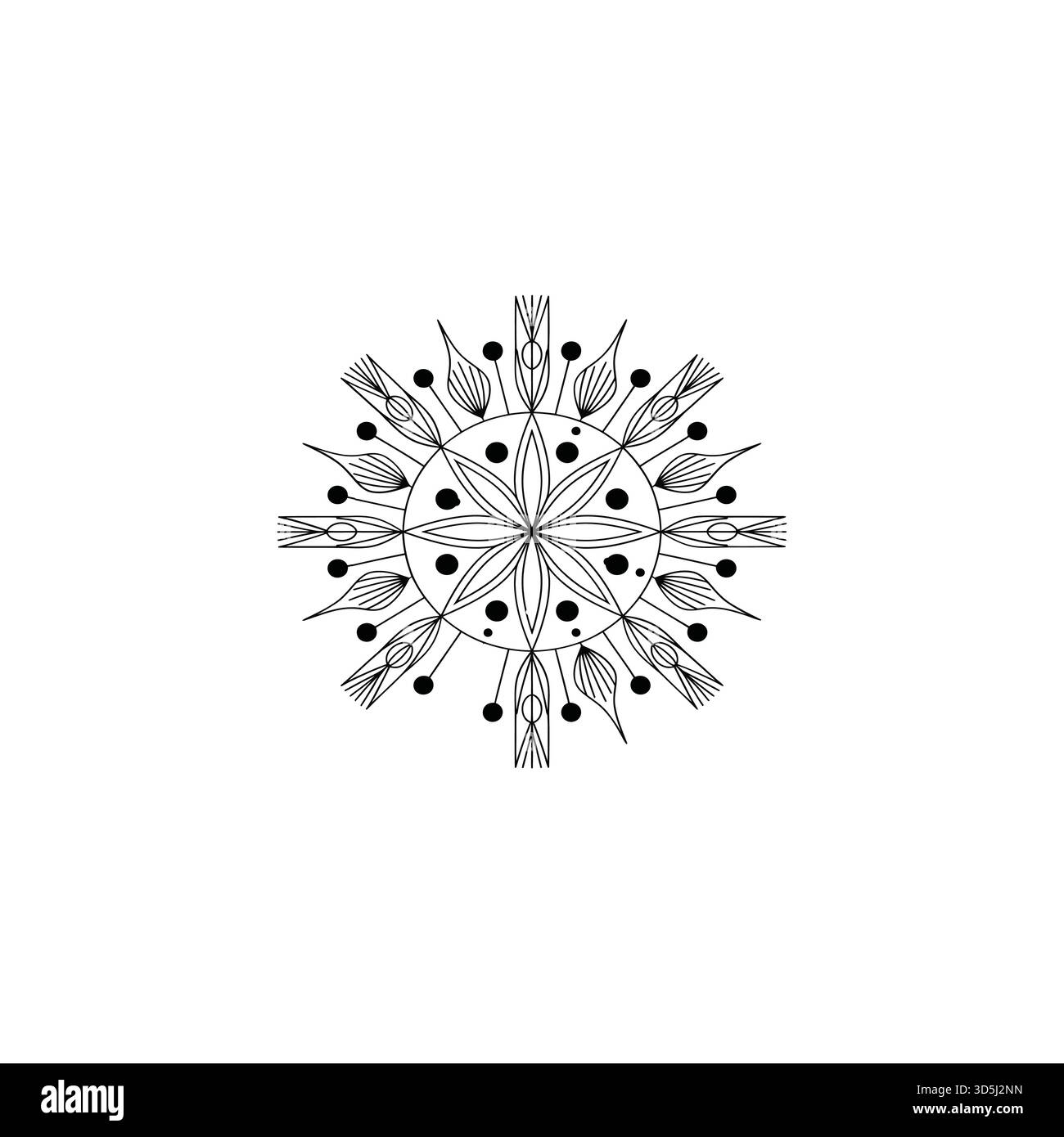 Un motif mandala noir et blanc symétrique avec des motifs floraux délicats, des points et des lignes rayonnantes sur un fond blanc. Illustration de Vecteur