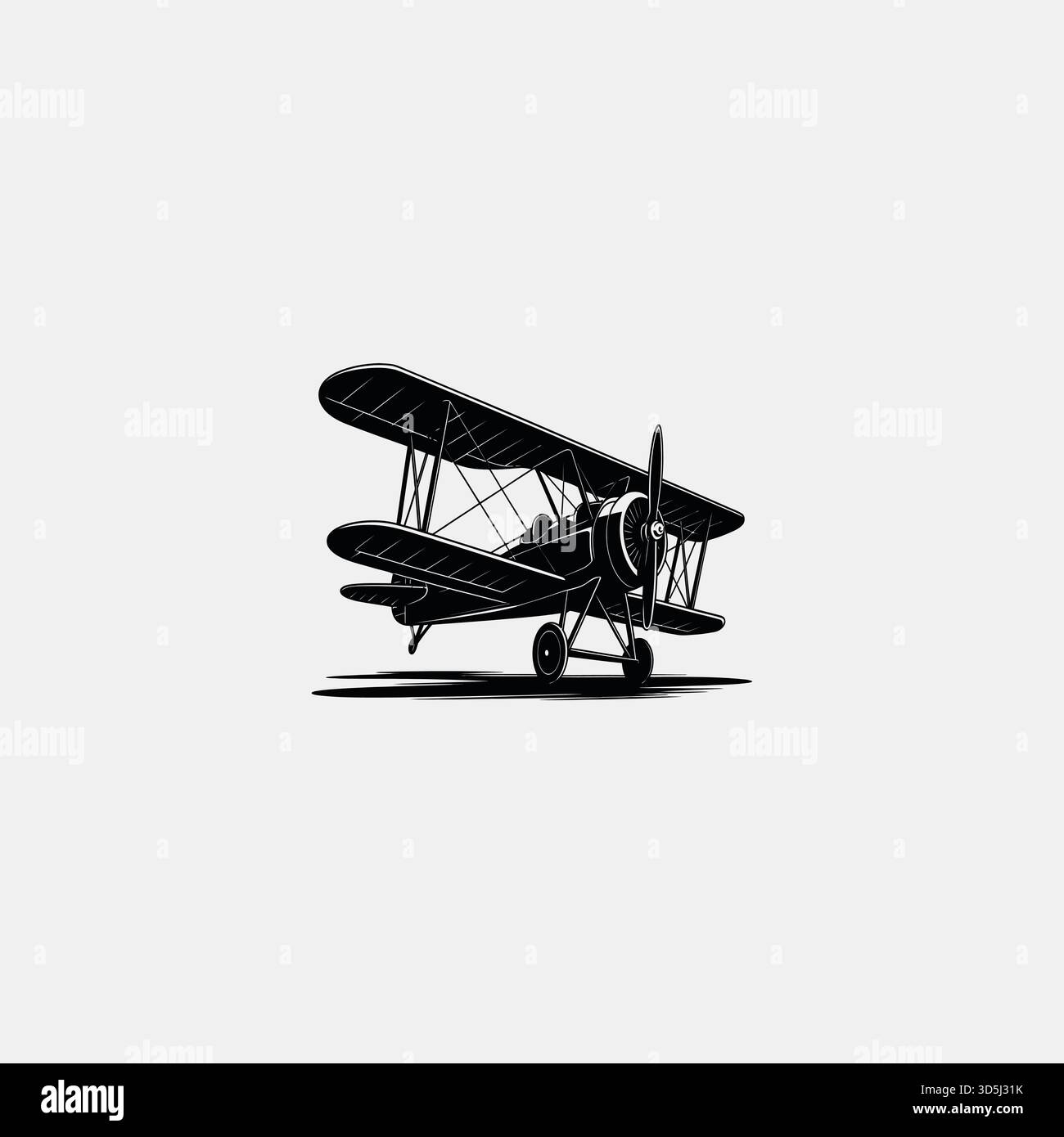 Un croquis noir et blanc d'un biplan classique, avec des détails complexes et une esthétique dessinée à la main sur un fond Uni. Illustration de Vecteur