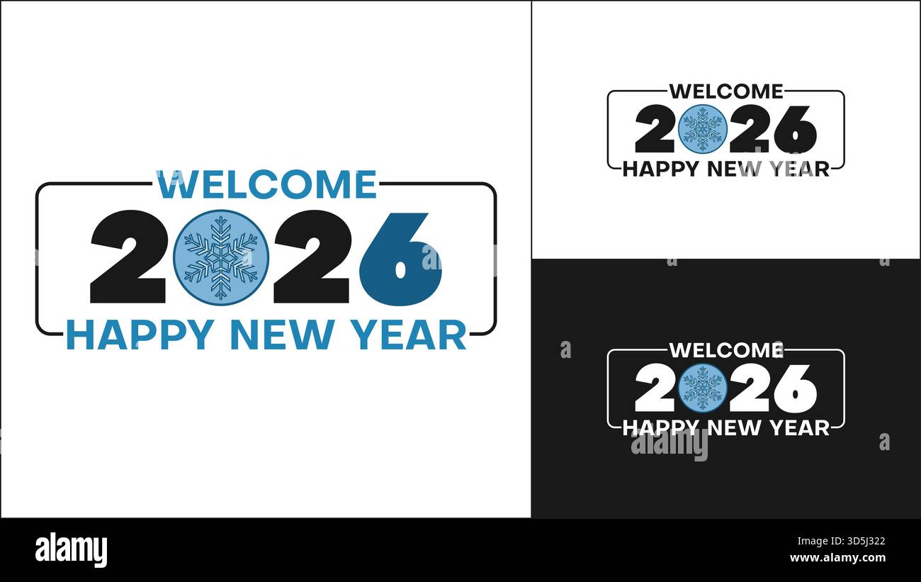 Bienvenue bonne année 2026 texte design avec icône de flocon de neige bleu à l'intérieur de zéro, ensemble de logo de voeux de vacances d'hiver vecteur Illustration de Vecteur