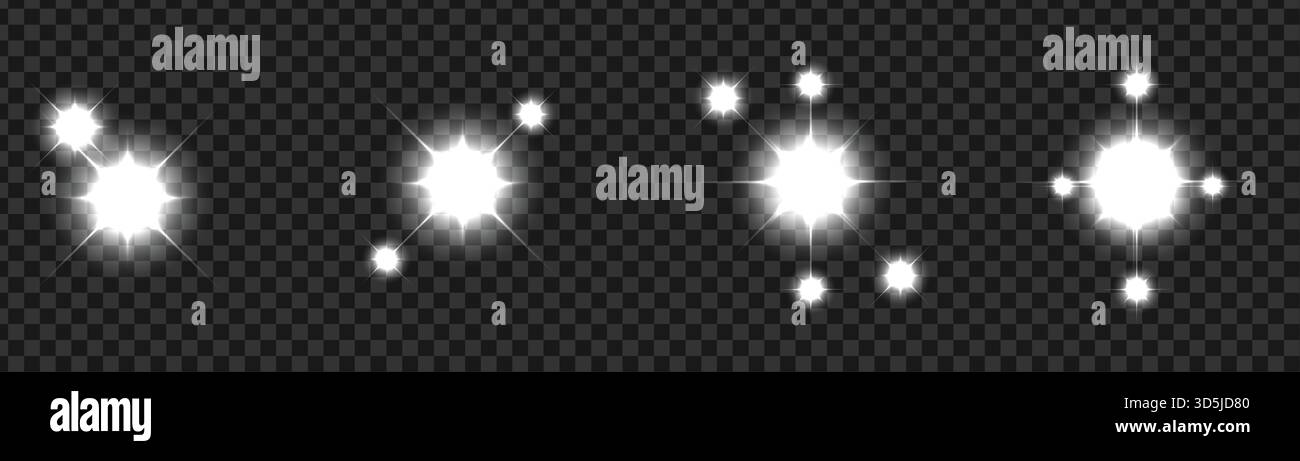 Ensemble d'étoiles brillantes blanches et de fusées de lentille, étincelles d'effet de lumière vectorielle isolées sur fond transparent Illustration de Vecteur