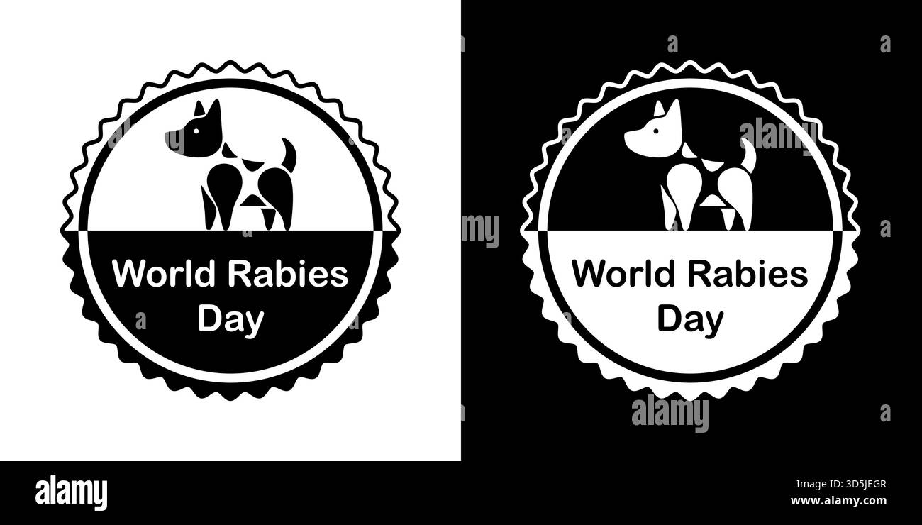Timbre de la Journée mondiale de la rage avec icône de chien, badge de sensibilisation médicale noir et blanc vecteur pour la vaccination des animaux de compagnie Illustration de Vecteur