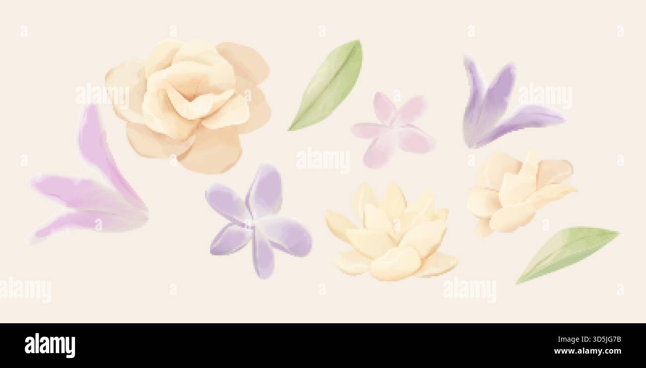 Dessins floraux dessinés à la main de diverses fleurs isolées sur fond beige. Convient pour la décoration de mariage ou de printemps. Illustration de Vecteur