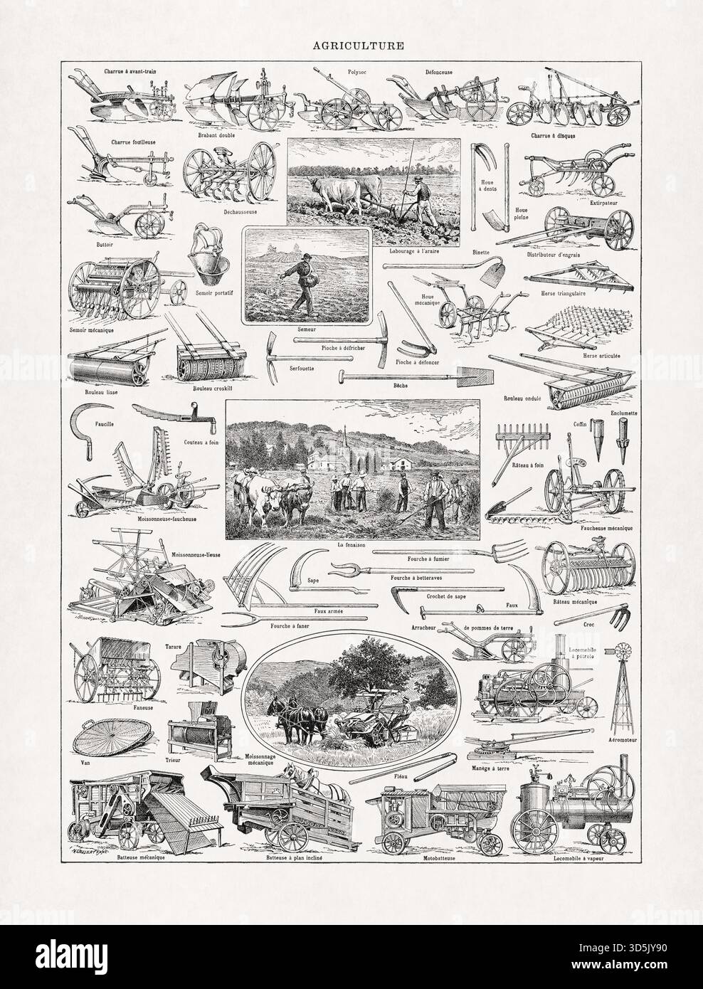 Illustration en noir et blanc par Jacques Maurice Dessertenne sur les machines et outils agricoles permettant la préparation, la mise en forme et le semis des terres f Banque D'Images