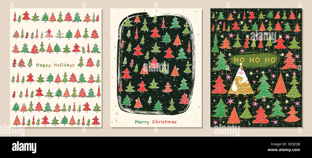 Cartes de Noël vectorielles mignonnes ensemble avec des arbres de Noël en rouge et vert et un drôle de Santa Claus se cachant, design de vacances élégant, fond, flyers et t Illustration de Vecteur
