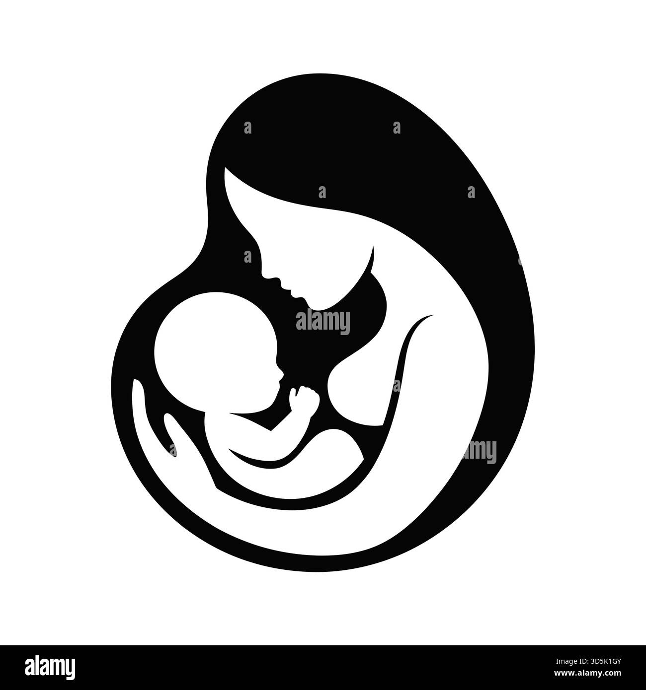 Une silhouette stylisée en noir et blanc représente une mère berçant son bébé, symbolisant l'amour, les soins et le lien maternel. Illustration de Vecteur