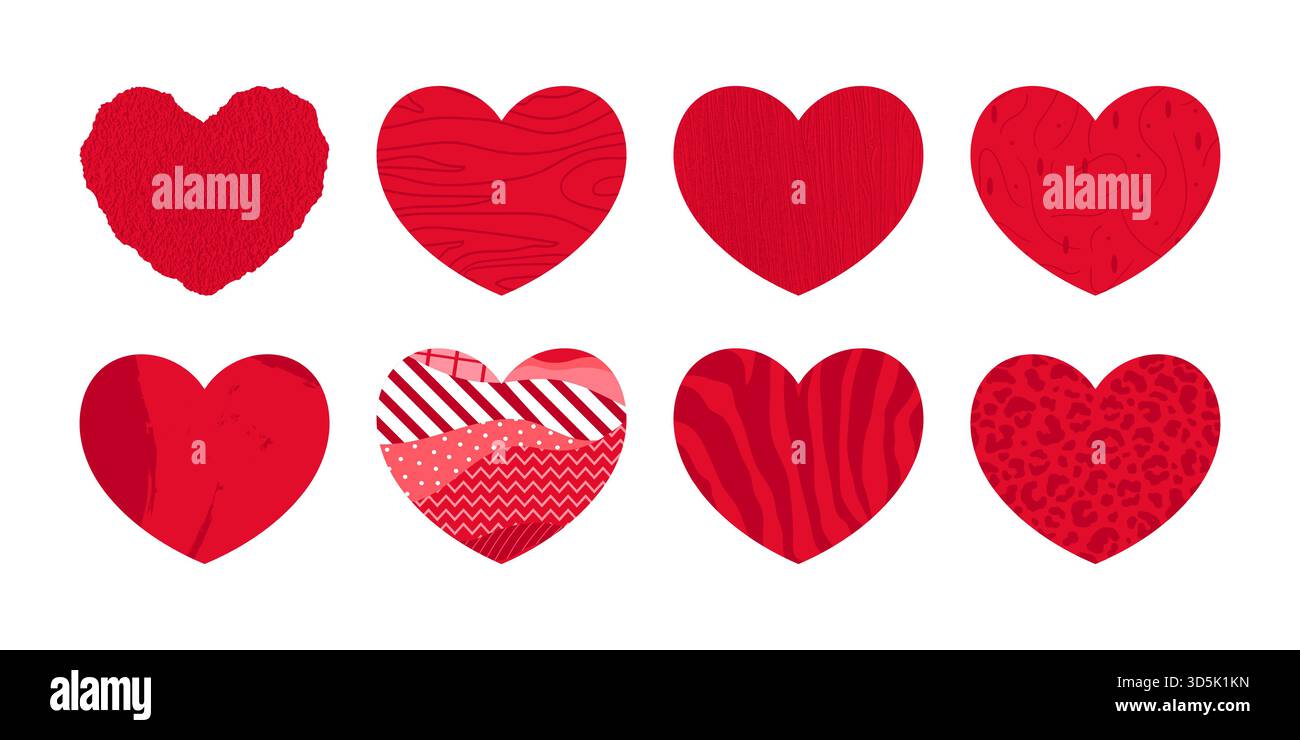 Textile, icônes de coeur grunge, coeur avec imprimé animal et motif abstrait. Icônes de coeurs rouges avec différentes textures. Illustration vectorielle Illustration de Vecteur