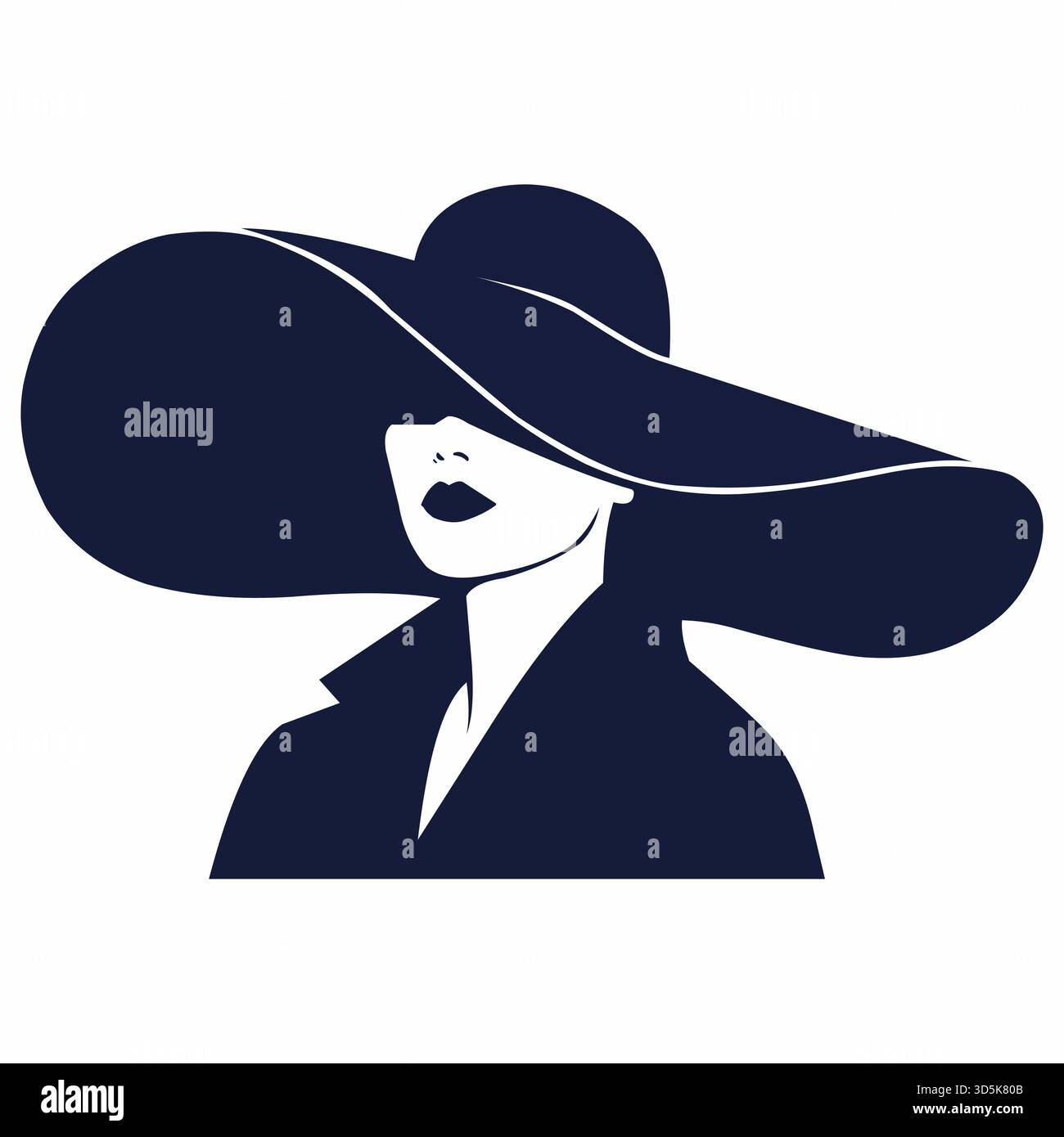 Silhouette élégante d'une femme portant un grand chapeau sombre à larges bords, obscurcissant son visage, avec des lèvres audacieuses visibles, contre une illustration vectorielle Illustration de Vecteur